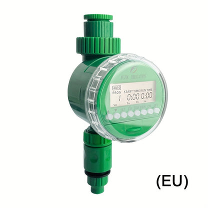 Automatic Digital Watering Timer with LCD Display - Battery operated controller for home irrigation, European standard plastic material, green generation.