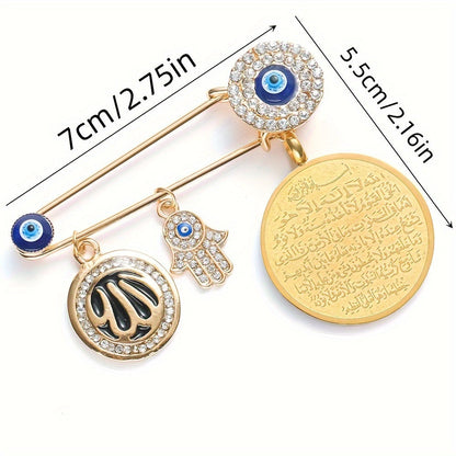 Arabian style Turkish evil eye brooch featuring Fatima hand design, a fashionable and protective amulet for Muslim men. Perfect as a gift for Islamic individuals.