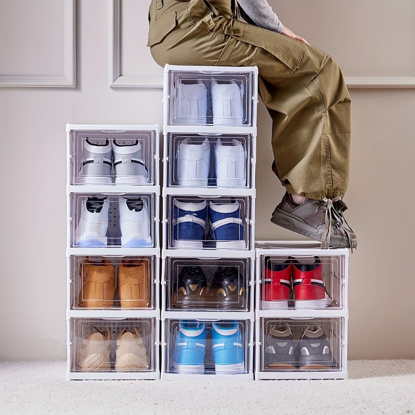 6-Tier stackable shoe storage box set with easy-access drop front, waterproof clear plastic bins. No assembly required, perfect for closet & entryway.