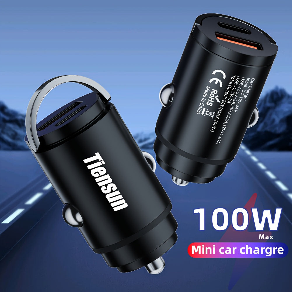 TIENSUN 100W Dual Port Car Charger, Super Fast Charging with QC & Type C, Compact and lightweight design, Compatible with iPhone, Galaxy, Pixel - Car Plug Power Mode, ≤36V Operating Voltage.