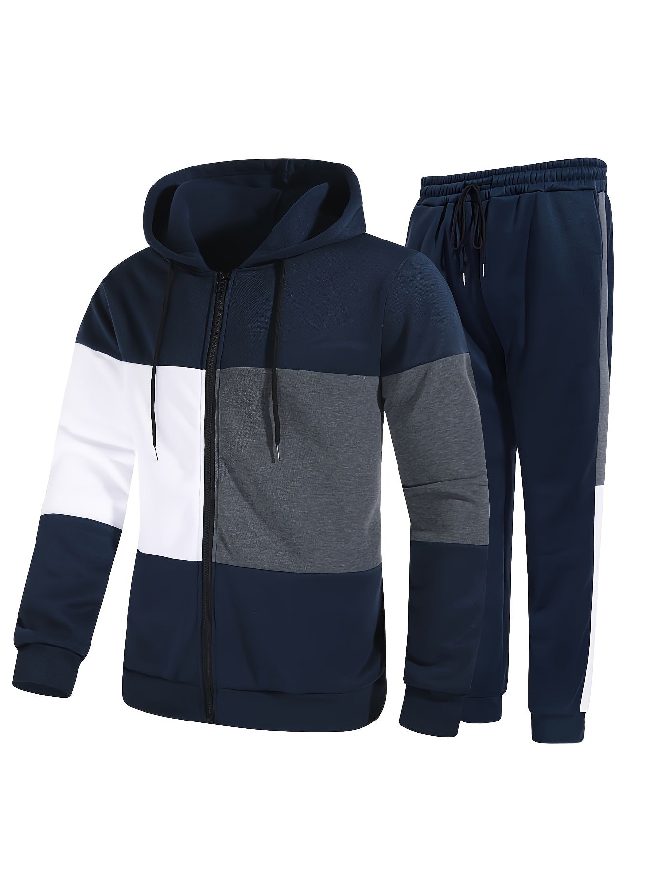 Men's Color Block Zip-Up Hoodie & Drawstring Joggers Set - Perfect for Fall/Winter Outdoor Activities, Machine Washable Casual Knit Fabric