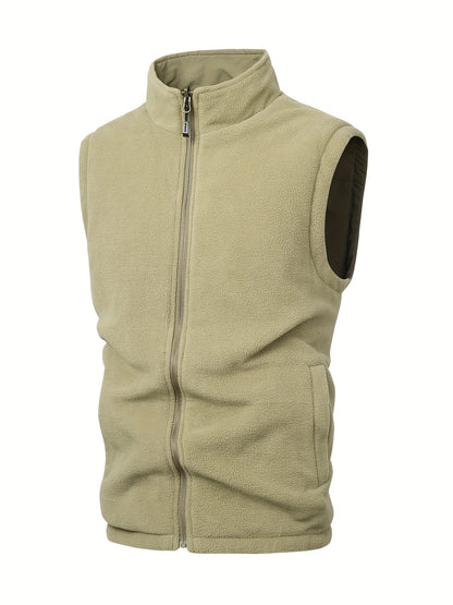 1pc Men's reversible fleece-lined casual vest made of 100% polyamide with a stand collar, embroidered alphabet, non-stretch material, and a regular fit. Sleeveless and suitable for