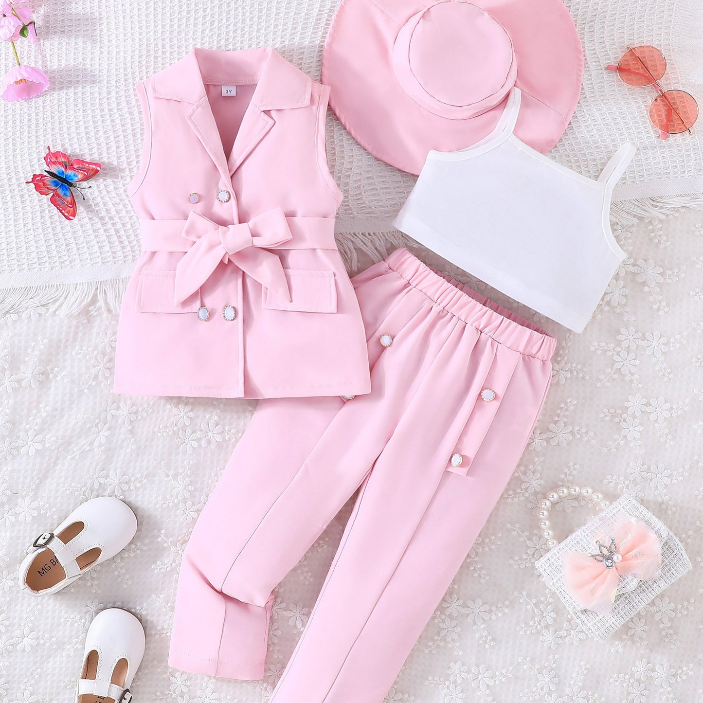 4-piece girls suit: sleeveless vest, trousers, camisole with hat set for daily, casual, and party wear.