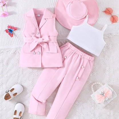 4-piece girls suit: sleeveless vest, trousers, camisole with hat set for daily, casual, and party wear.