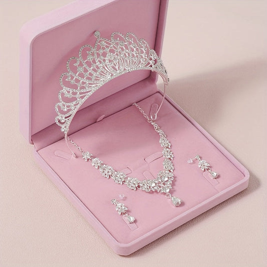 Exquisite Three-Piece Bridal Wedding Crown Set with Necklace and Earrings - Perfect Wedding Party Accessories