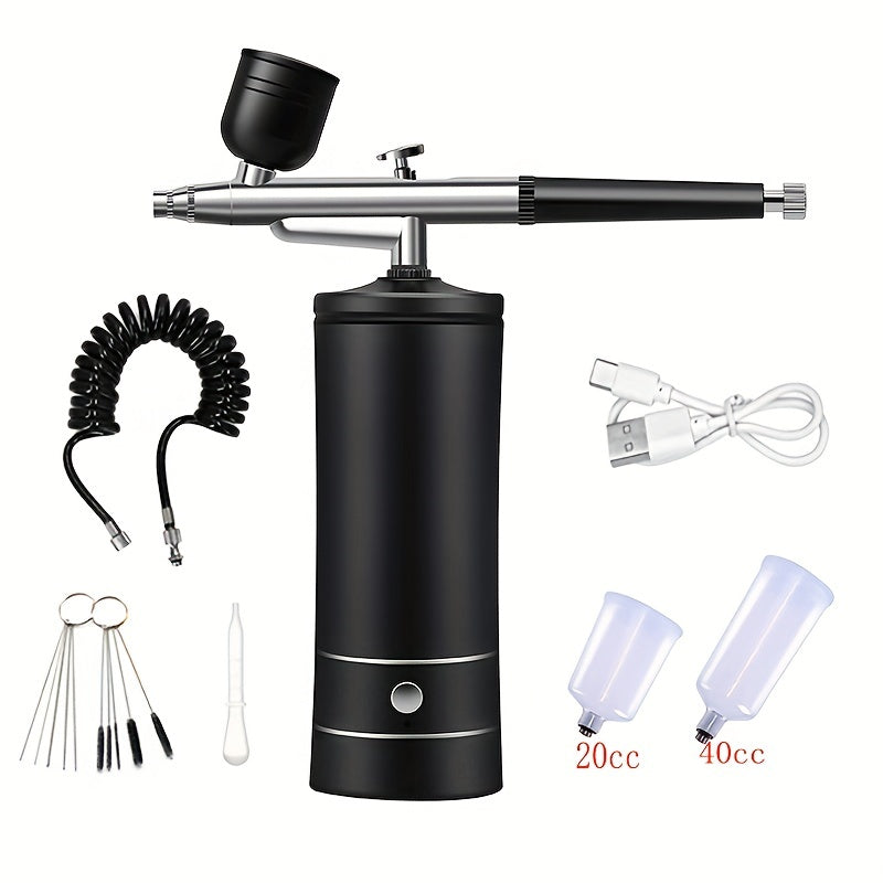 Portable, rechargeable airbrush kit with compressor and handheld gun for painting, art, and home decoration. Features 0.3mm tip.