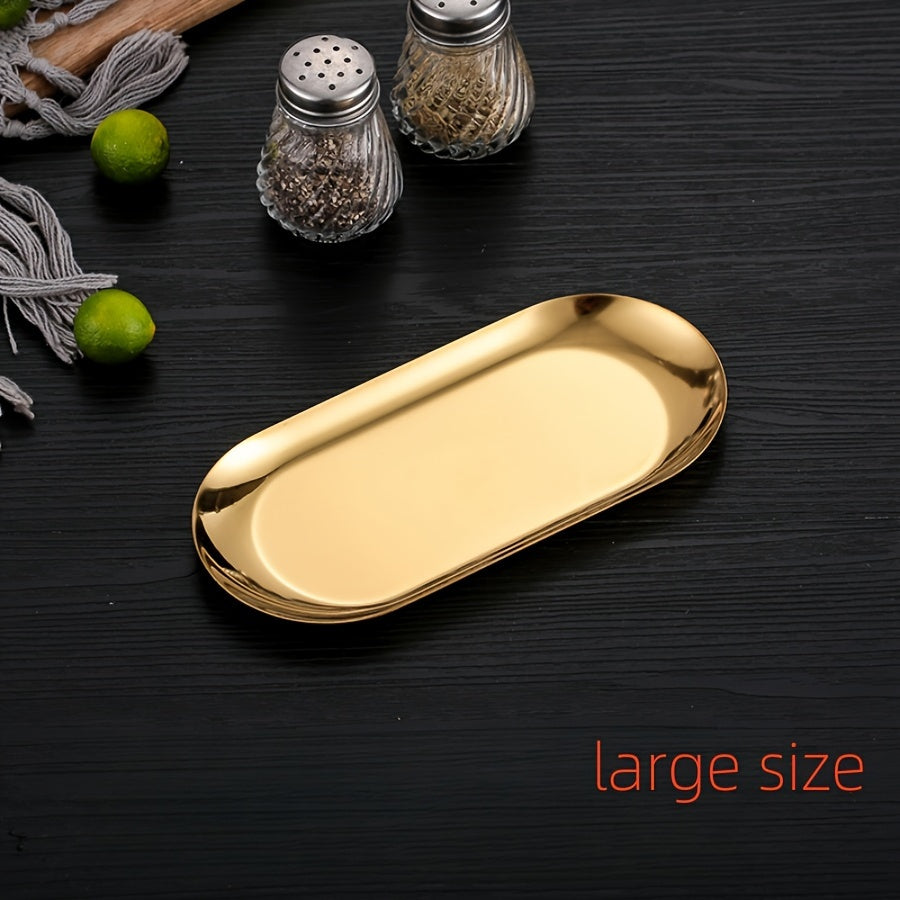 Stainless steel oval plate for Korean cuisine, snacks, and desserts, suitable for home, restaurant, picnic, and parties.