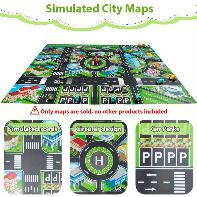 Large city traffic play mat for kids made of waterproof non-woven fabric with colorful road signs and vehicles. An educational and fun green transportation game for modern room decor.