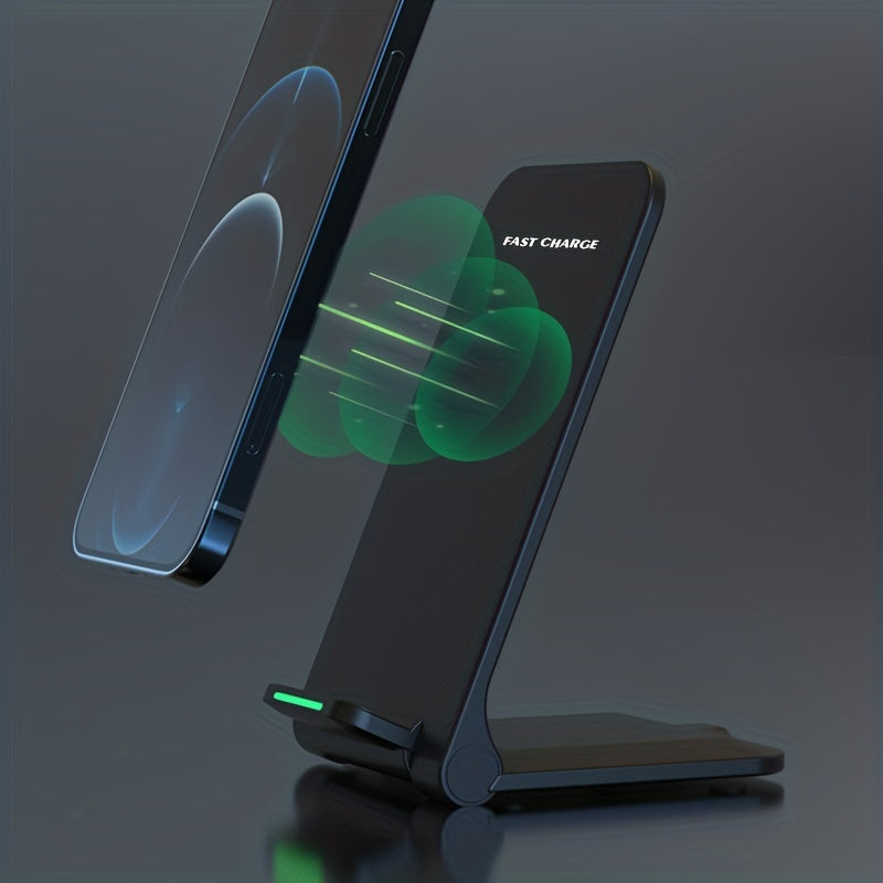 Features include 15W fast charging for iPhones and Samsung Galaxy devices, dual coil wireless charging stand with USB Type-C connector, compatible with various models, and charging