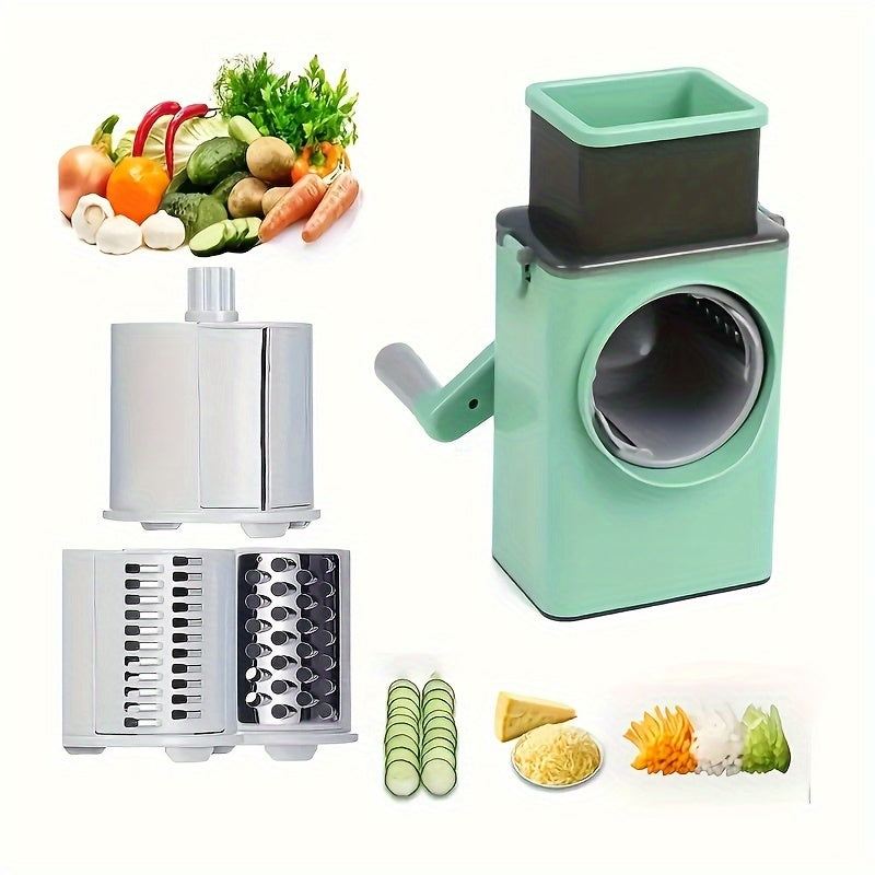 One kitchen manual high-speed slicer, with 6 interchangeable blades, suitable for slicing vegetables, nuts, and cheese. Features a rotating handle for easy use. Great for potatoes, carrots, and zucchini.