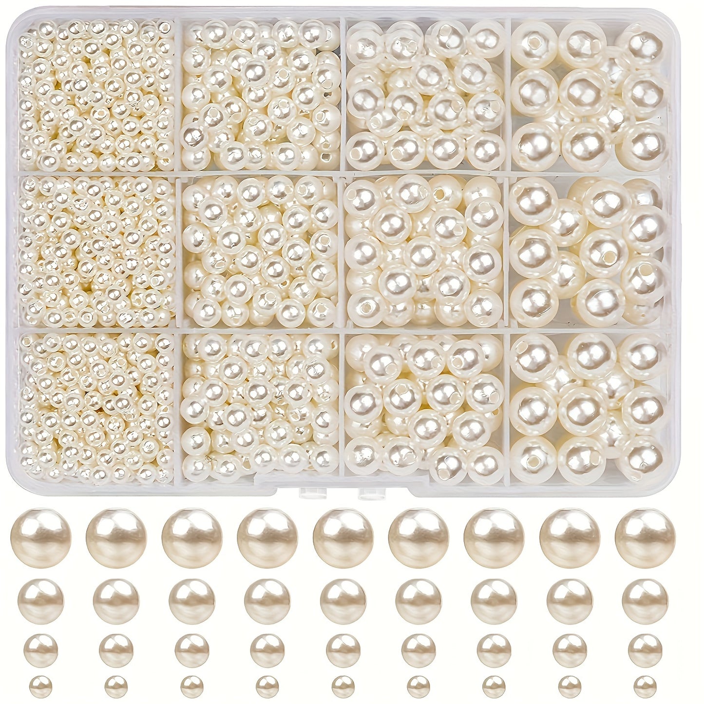 1320 pieces of white round pearl beads in sizes of 4, 6, 8, and 10 millimeters. Comes in 12 boxes for making DIY bracelets and necklaces. Can be used to create colorful crafts with beads