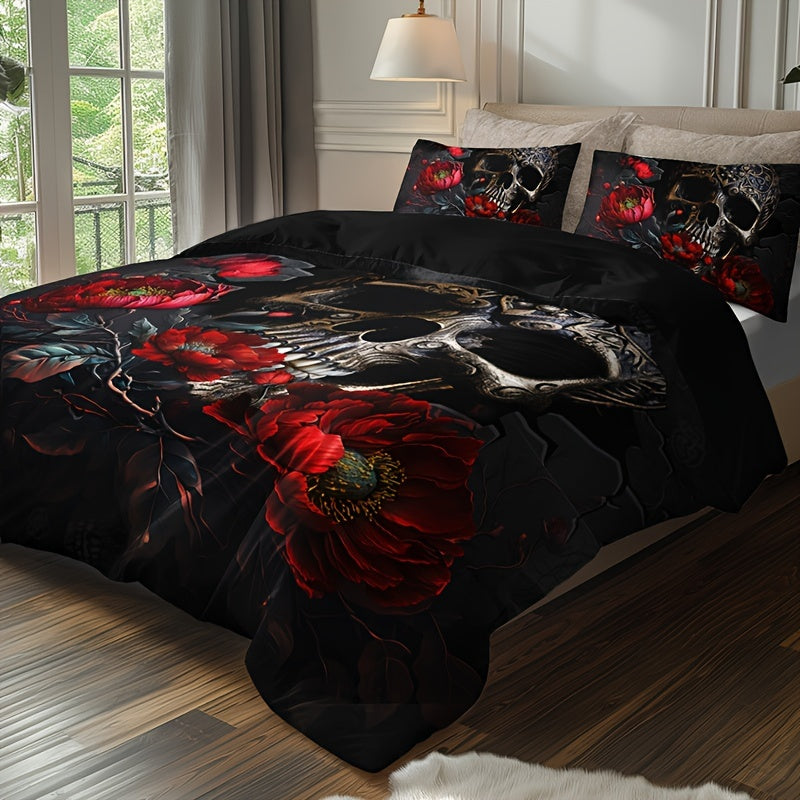 Gothic Skull Floral Duvet Cover Set - 3 Pieces (1 Duvet Cover + 2 Pillowcases, Pillow Inserts Not Included). Soft and Breathable HD Printed Bedding Set for Home and Dorm Decoration, Perfect for Halloween.