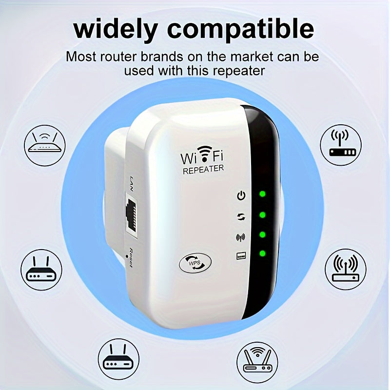 Enhance WiFi signal with 300M long range booster, easy setup, 2.4GHz frequency, Ethernet port, suitable for home, office, cafes.