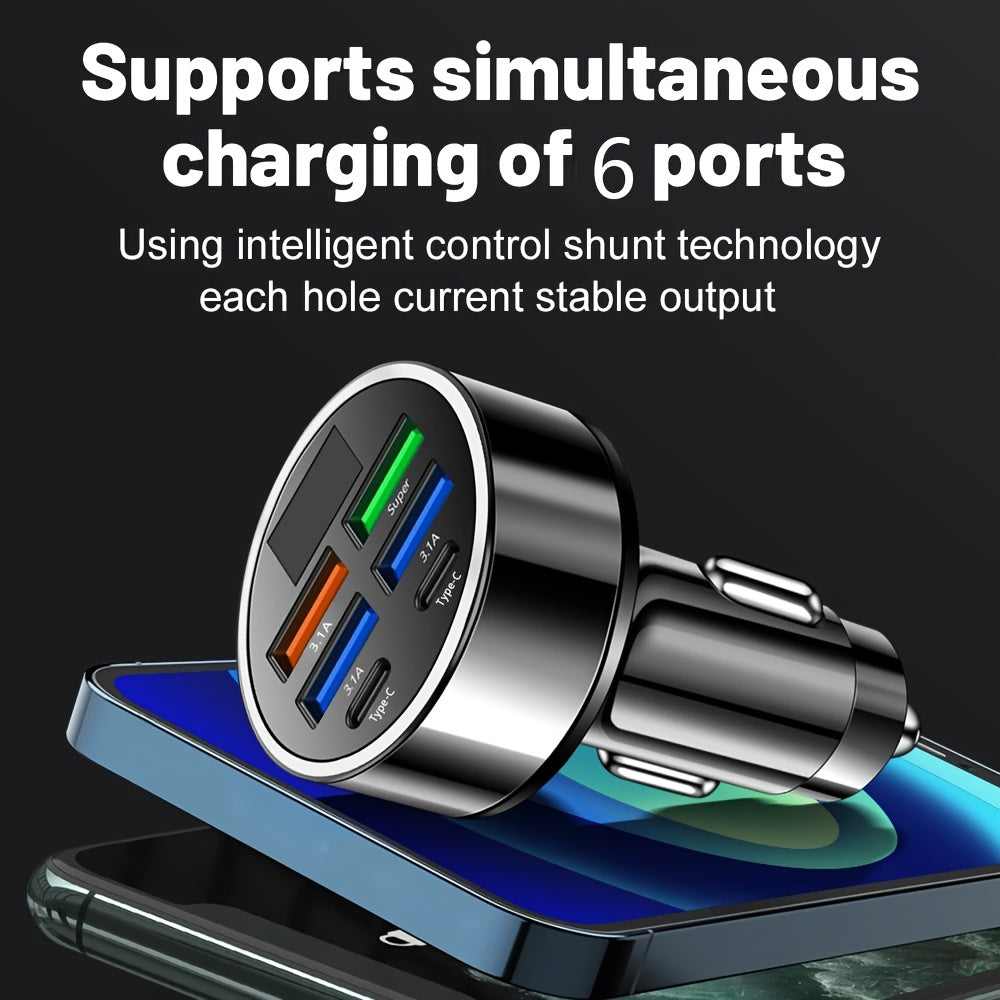 6-in-1 car adapter with fast charging capabilities for smartphones, tablets, and power banks, featuring dual Type-C ports and a digital display in a sleek black design.