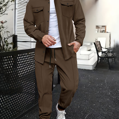 Men's casual sports suit set with long sleeve polyester shirt and matching pants, featuring multiple pockets and breathable slight stretch fabric. Designed for daily and casual wear in the