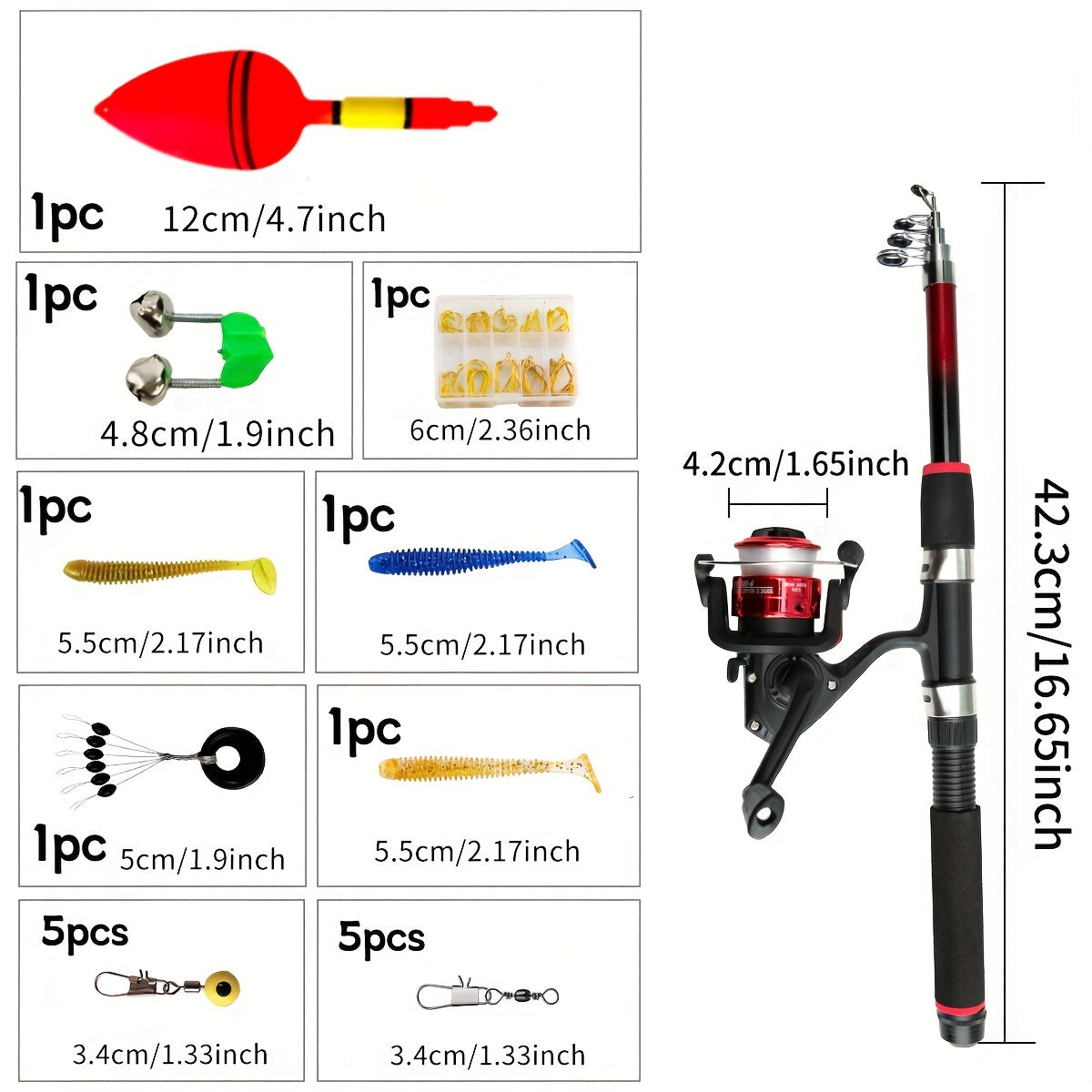 Travel-friendly telescopic fishing rod set with feeder, made of durable FRP, includes carp spinning pole, reel, baits, and hooks.