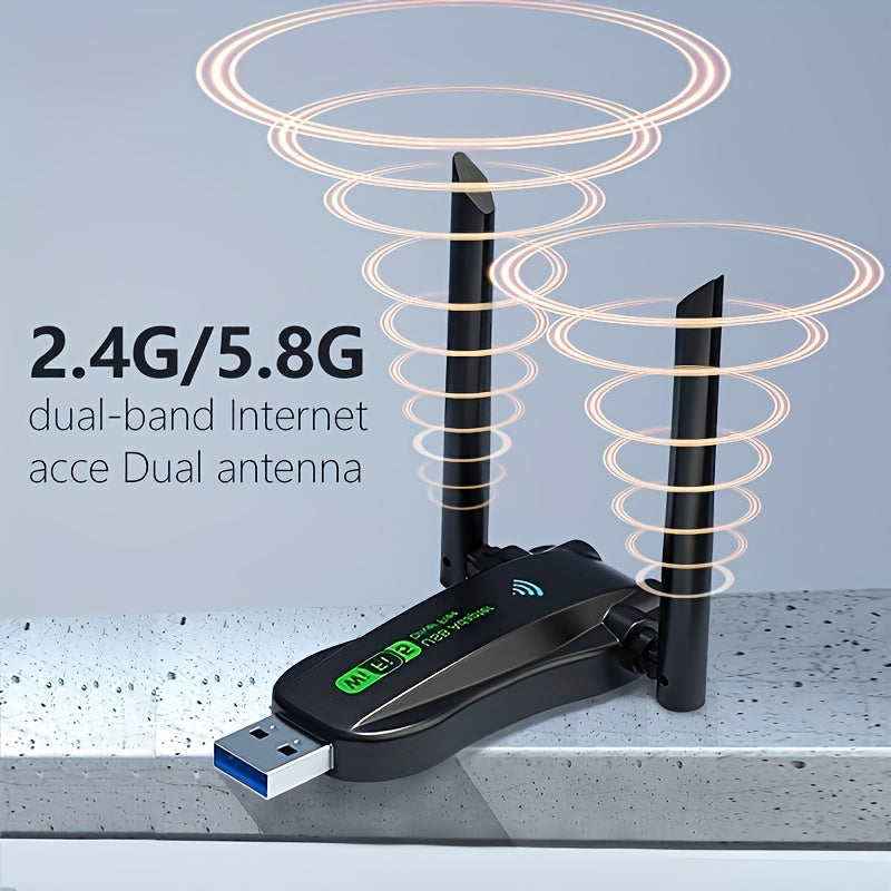 Dual-band 2.4G/5.8G Wifi adapter, 1300Mbps, USB interface, strong wall penetration, 4 antennas, high-speed internet, low latency, and reliable connectivity.