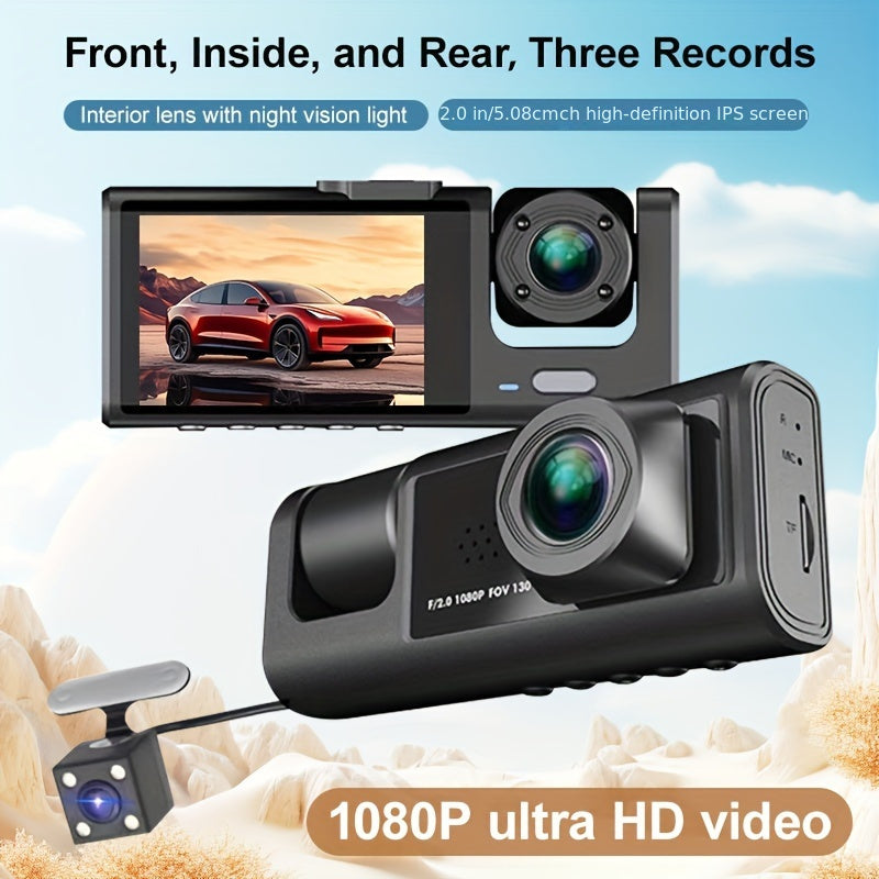 Vavupo 3-Channel Dash Cam with IR Night Vision - 1080P HD, Front & Rear Recording, Loop Playback, 5.08cm IPS Display, Wide Angle Lens, USB Powered