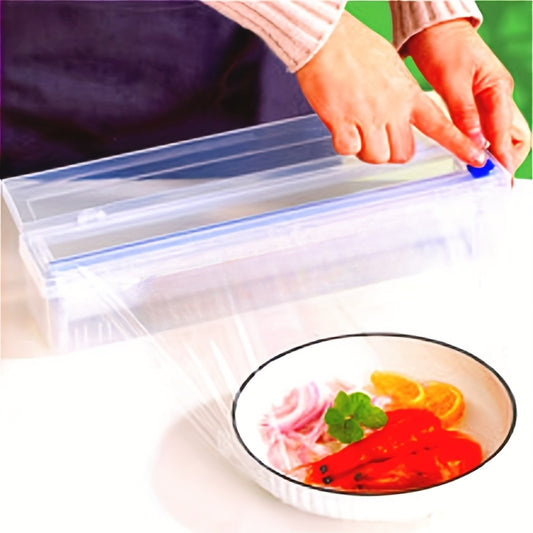 Multipurpose plastic wrap cutter with built-in slicer for kitchen, office, and home organization. Durable and easy-to-use design.