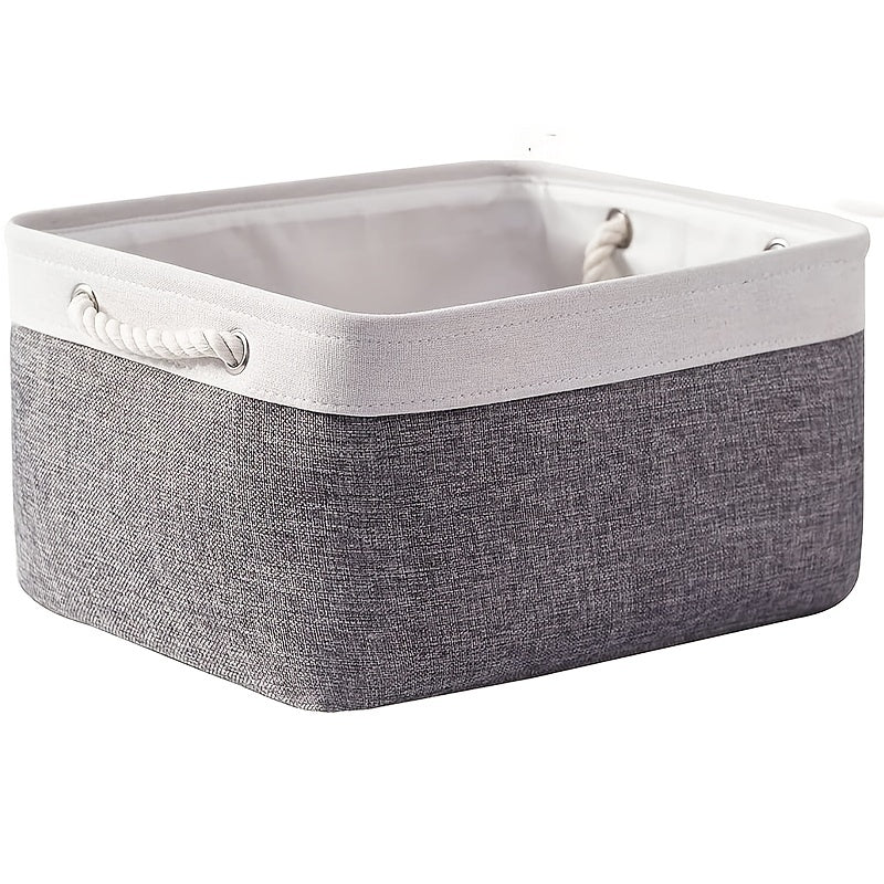 Chic White & Gray Rectangular Linen Storage Basket with Rope Handles - Versatile Folding Design for Clothes, Toys, & More - Perfect for Organizing Closets, Nurseries, & Home - Laundry Basket