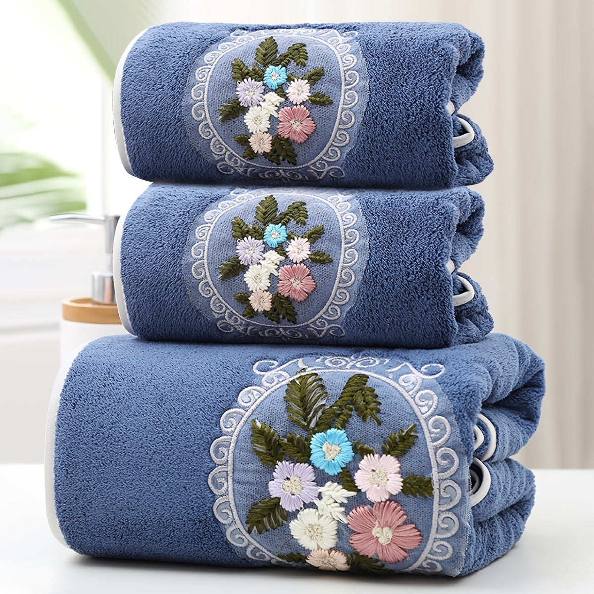 WF gauze flower 2 cents + 1 bath / 3pcs set Coral velvet embroidery towels (2 35*75cm, 1 70*140cm) soft, absorbent, quick-drying bathroom essentials for children and adults, skin-friendly