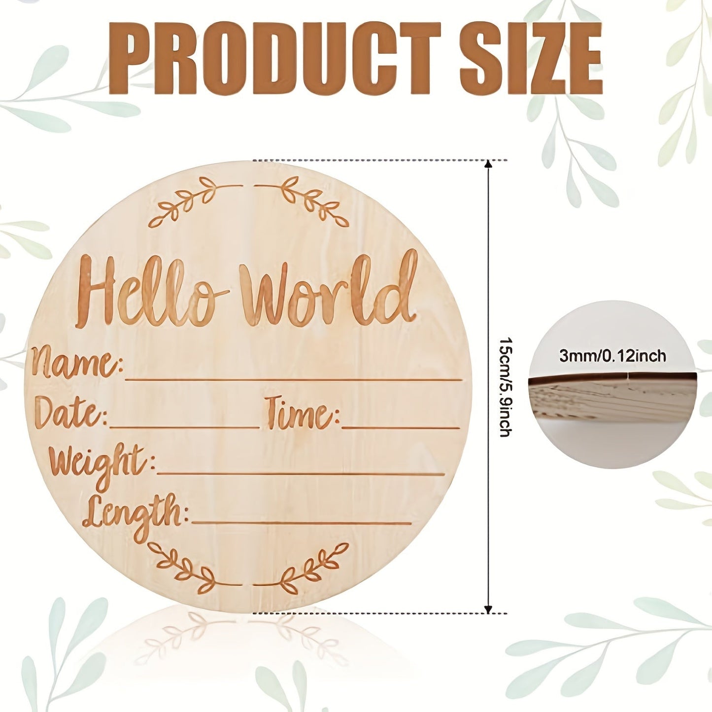 Baby Announcement Sign made of Wood, 14.99 cm Round Shape, Hello World Newborn Welcome Sign, Perfect for Photography Prop or Baby Shower Gift.