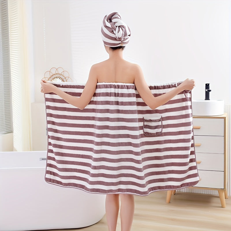 High quality 2-piece striped bath towel set includes soft cover up skirt towel and super absorbent hair drying towel. Perfect gift for skin-friendly shower experience. Ideal for bathroom and home supplies.