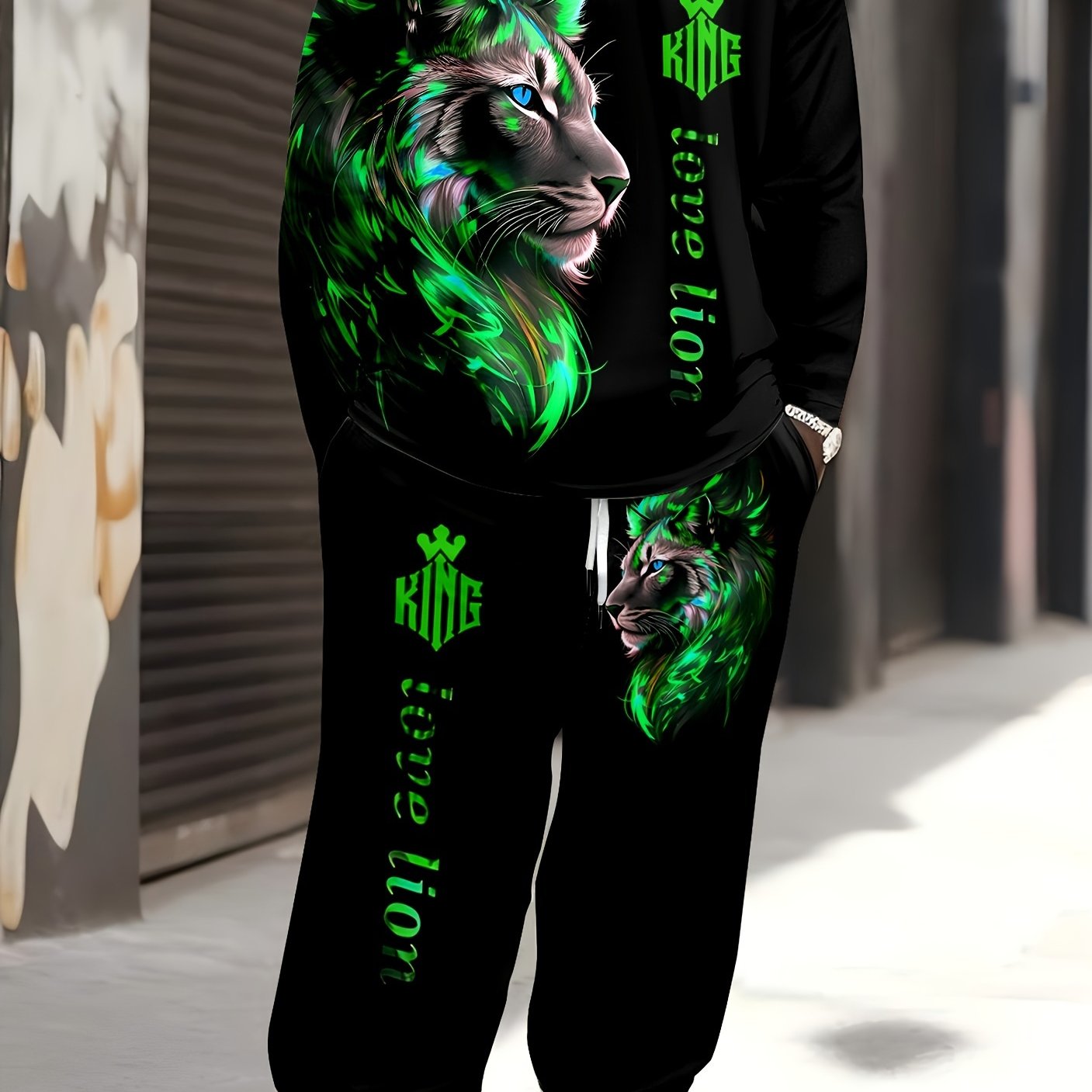 Men's Plus Size Lion Print Long Sleeve T-Shirt and Sweatpants Set - Casual Sportswear for Fall/Winter