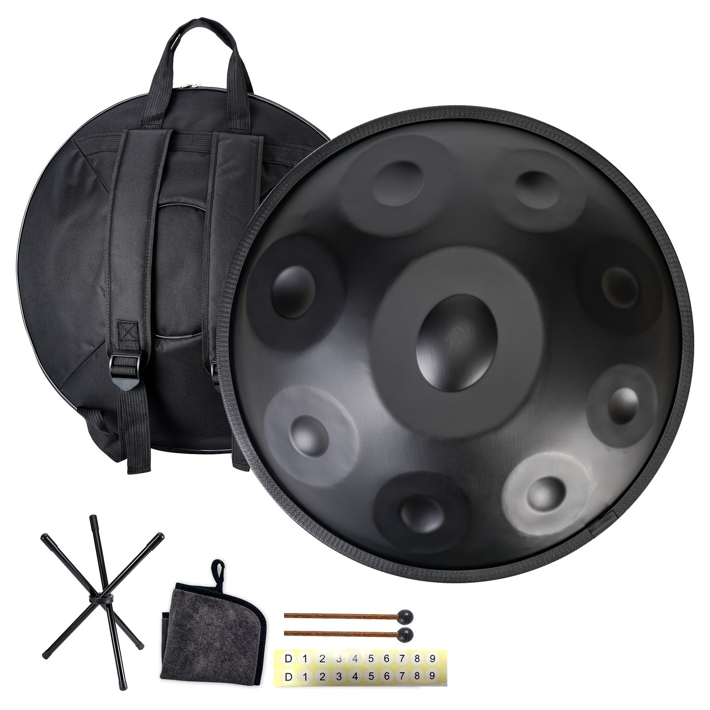 HANPLATE Handpan Drum in D Minor, includes carrying bag, mallets, holder, and wiping cloth for professional use or spiritual activities like healing, yoga, and meditation.