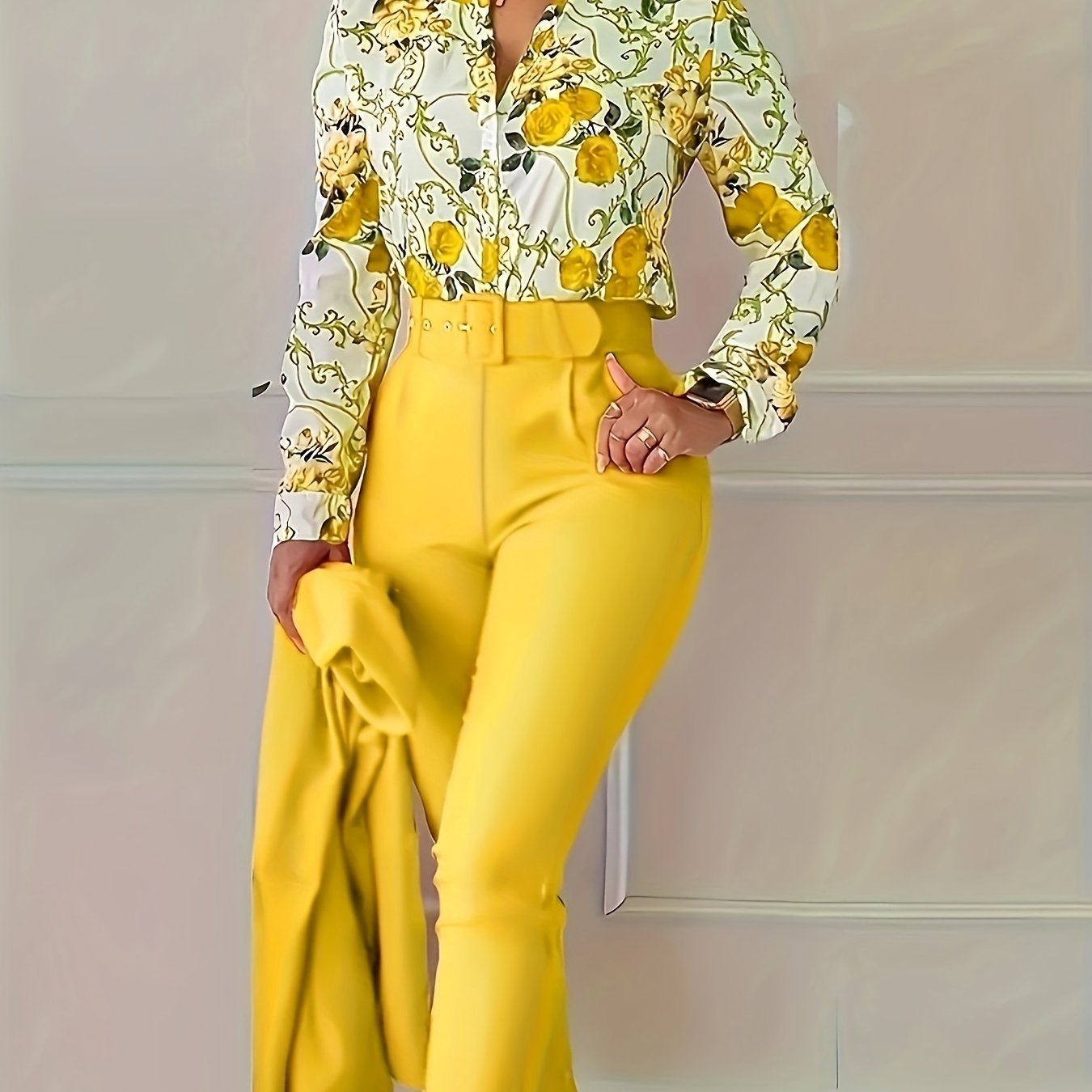 Floral V Neck Blouse & Belted Pants Set, Women's Outfit