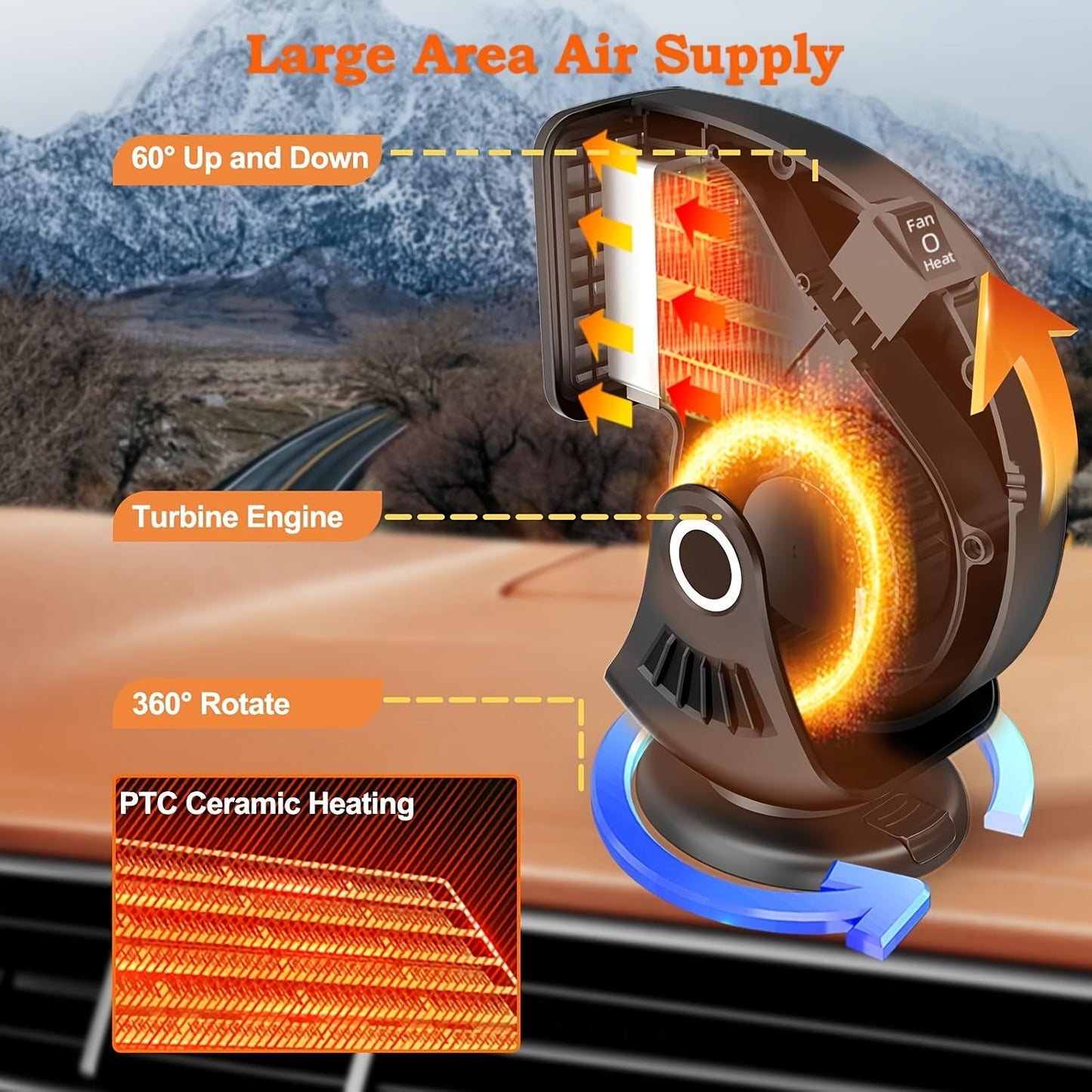 Keep warm during winter drives with the Compact 2-Mode Car Heater & Defroster. This portable device heats up quickly and has an adjustable angle for optimal comfort. With quiet operation and USB power via a cigarette lighter interface, it's perfect for