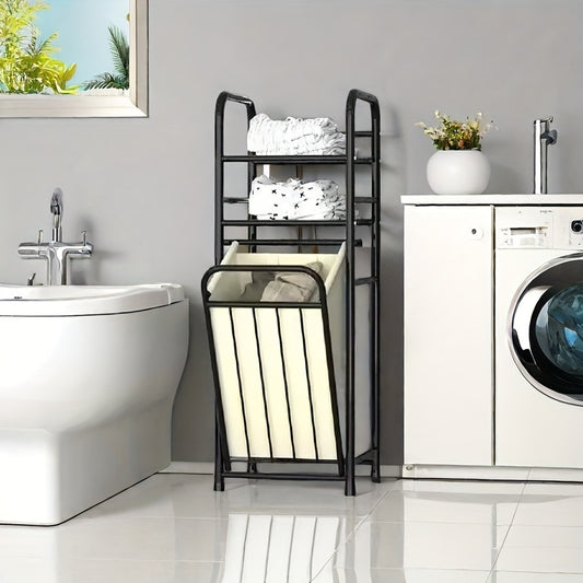 Modern metal laundry hamper with shelf, towel rack, removable liner bag, and open top storage basket in black for various rooms.