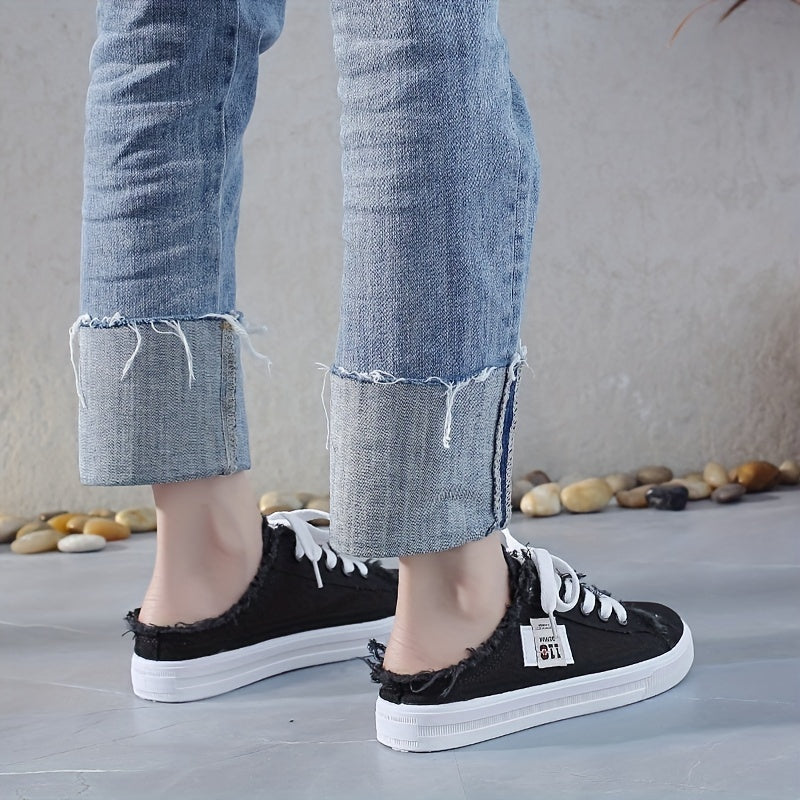 Fashionable solid color platform canvas shoes with a round toe, lace-up design, and breathable slip-on feature, ideal for casual summer wear.