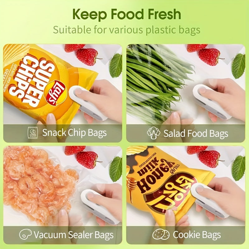 Compact Snack Bag Sealer with USB Rechargeable Hot Stamping and Shredder Blade, Preserves Freshness, Suitable for Food Storage Bags, Durable ABS and Alloy Steel Construction, Manual Operation, 16W Power, 150mAh Lithium Battery Included.