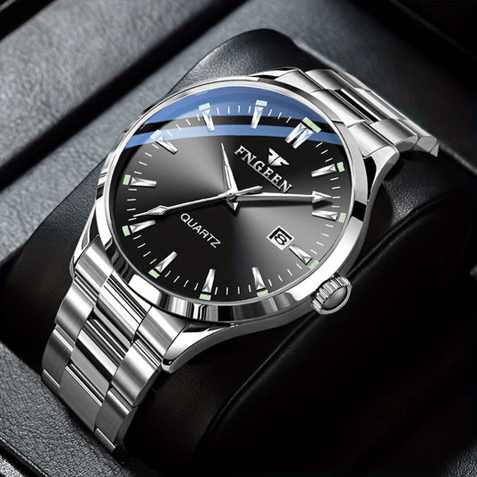 Elegant business watch for men with calendar feature- sleek design, ultra-thin Quartz movement, and stainless steel band.