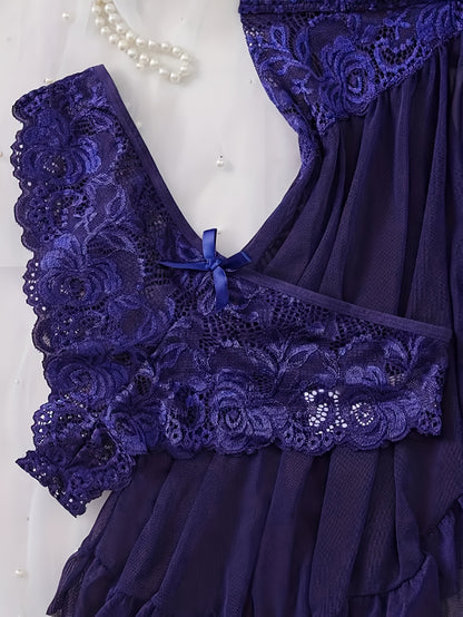 Sexy lace nightgown with deep V back, bow detail, and asymmetrical hem, paired with lace thong - seductive lingerie for women.