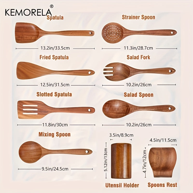 Set of 9 wooden spoons and utensils for cooking, complete with a utensil holder. Made from teak wood, this kitchen utensil set also includes a spoon rest. Perfect for all your cooking needs.