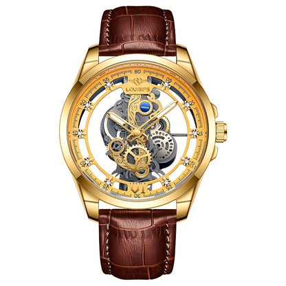 A new men's watch with transparent double-sided design, PU leather strap, luminous hands, and quartz movement.