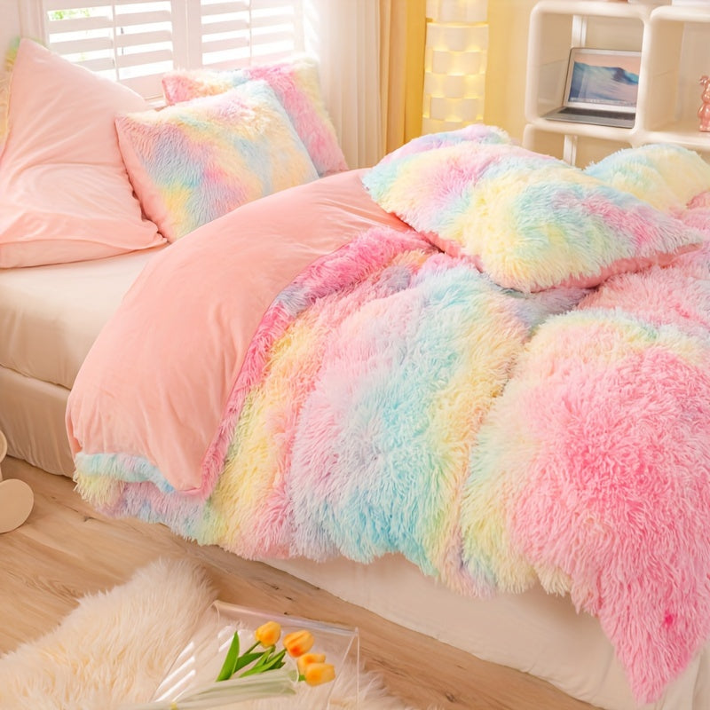 Y2K Tie Dye Plush Duvet Cover Set includes 3 pieces (1 Duvet Cover + 2 Pillowcases), providing soft and warm bedding.