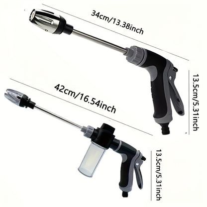 A high-pressure car wash gun with multifunctional garden hose nozzle, adjustable thickened rod sprayer with copper-plated tip, and universal 3/4" and 1/2" quick connect adapters for