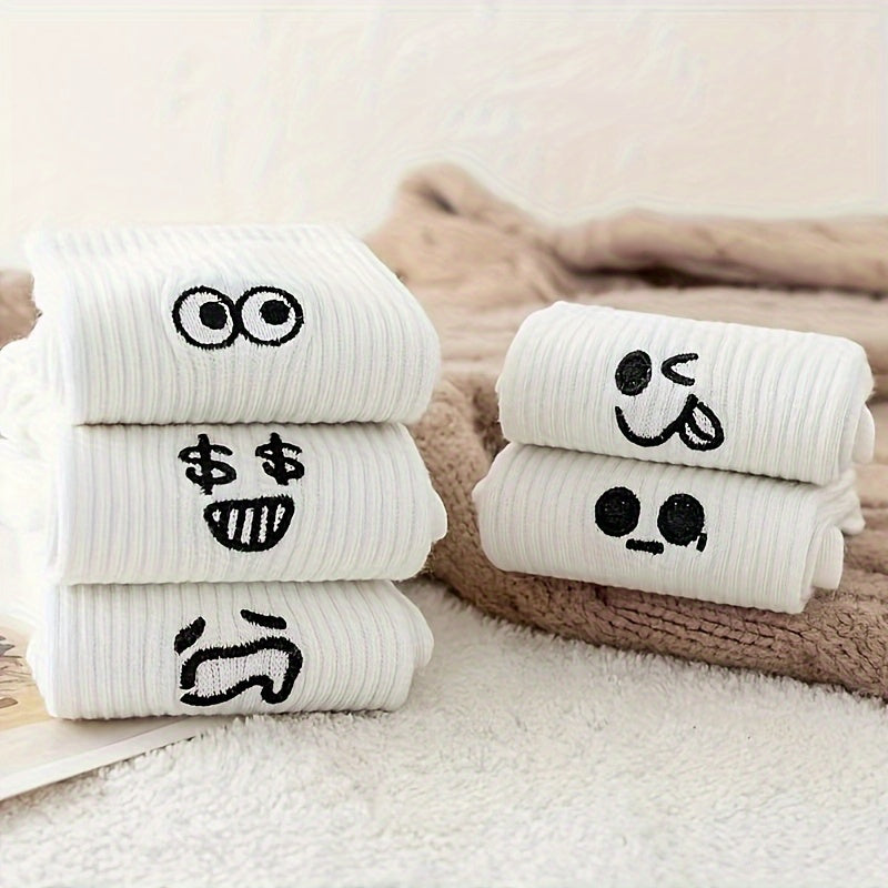 5 pairs of ribbed socks with funny face prints, soft and comfortable for both men and women.