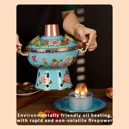 Small single serving enamel-coated copper hot pot featuring the Dudan pattern, perfect for commercial use and for use with alcohol stoves. Safe for dishwasher cleaning.