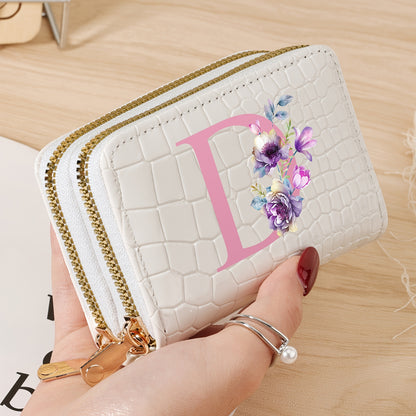 Stylish women's crocodile pattern wallet with "P" design, double zipper handbag in black, white, and pink. Fashionable coin purse for travel and daily use, school accessory with a textured