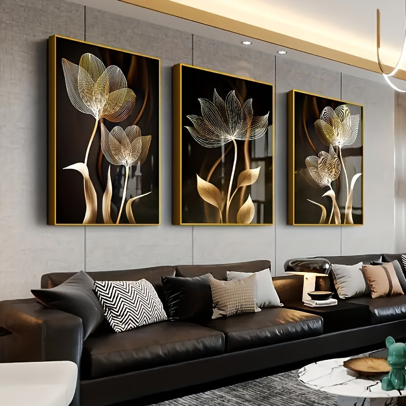 Set of 3 luxury canvas print posters featuring golden flower artwork for various rooms, no frames included.