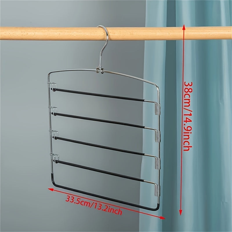 1 count of a 5-tier metal pants hanger with no-slip features, designed for durability and suitable for hanging ties, pants, and scarves. This household organizer saves space in closets, wardrobes, homes, and dorms.