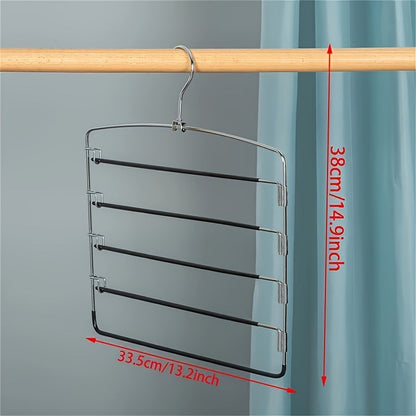 1 count of a 5-tier metal pants hanger with no-slip features, designed for durability and suitable for hanging ties, pants, and scarves. This household organizer saves space in closets, wardrobes, homes, and dorms.