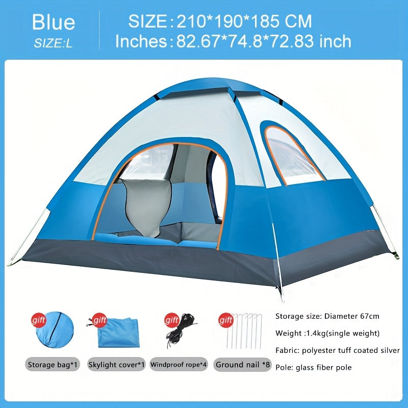 4-person round camping tent with UPF 50+ sun protection, easy setup, portable design, hydrophobic fabric, zipper closure, all-season use, glass fiber bracket, polyester material, ideal for