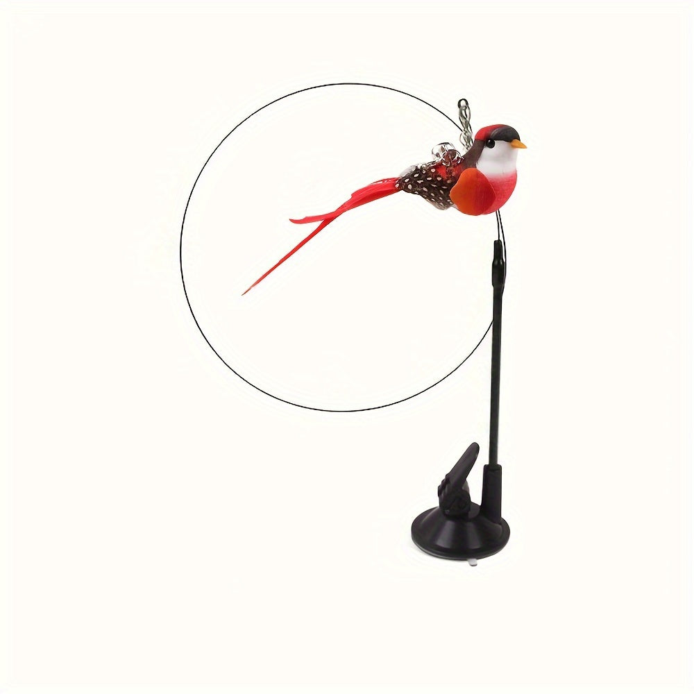 Interactive cat teaser wand with suction cup base, bell, detachable bird toy. Polyester blend, no batteries required. Ideal for indoor play with pet cats.