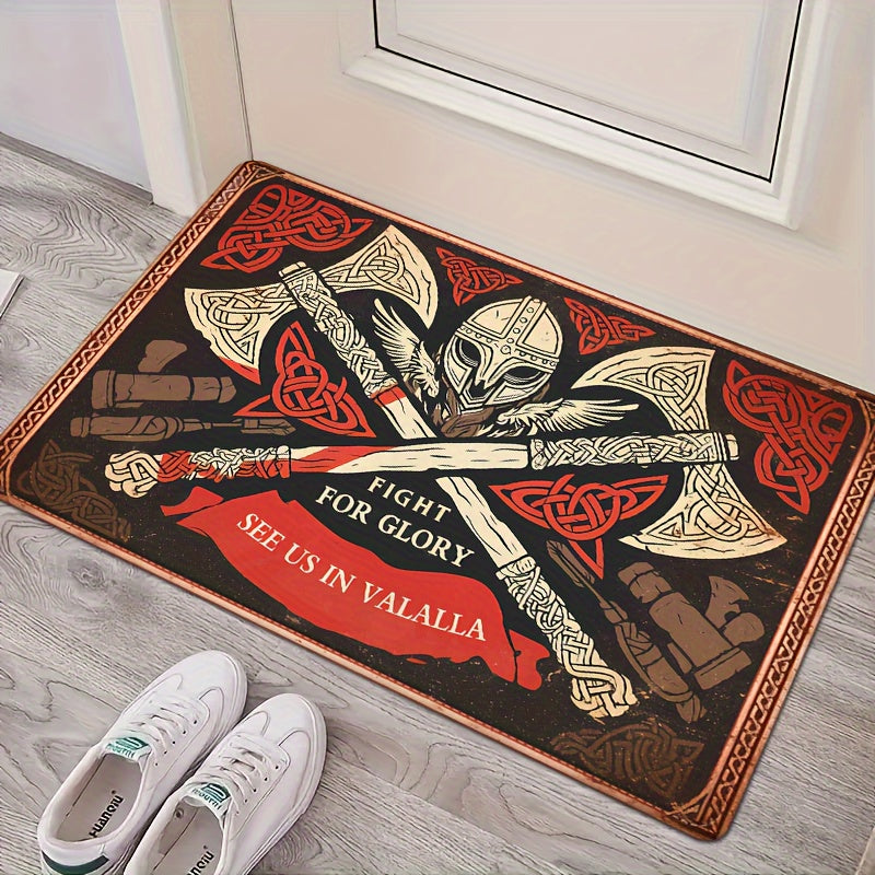 Flannel mat featuring retro Celtic axes print, 1 piece. Made of non-slip polyester material with a thickness of 1.2cm. Machine washable and fade resistant. Low pile design for soft absorption, suitable for bedroom, living room, or entryway decor.