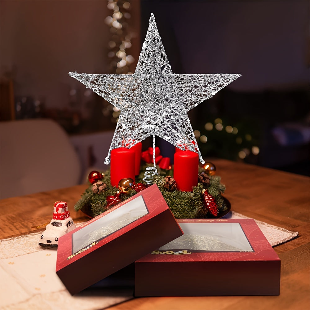 Handcrafted iron glitter star tree topper for Christmas and Thanksgiving, no-battery design for tabletop or tree display. Pack of 1.